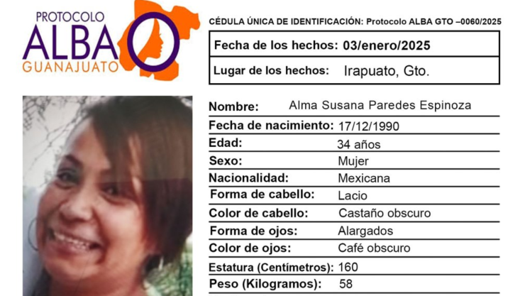 Alma Susana Paredes Espinoza, de 34 años, desapareció en Irapuato; activan Protocolo ALBA.png