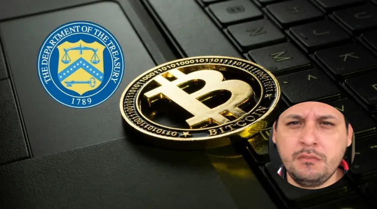 Imagen del logo del Bitcoin, del escudo del Departamento del Tesoro y de Armando de Jesús Ojeda Avilés.