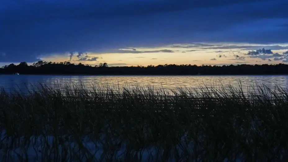 Puesta del sol sobre una marisma salobre en Charleston, Carolina del Sur.