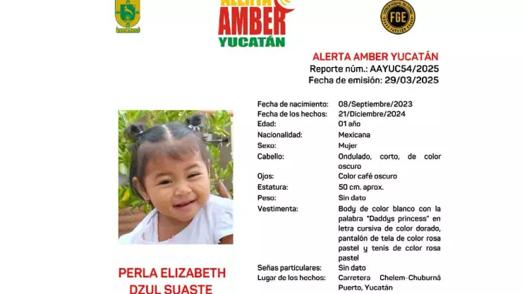 ¡ATENCIÓN! Activan Alerta Amber en Yucatán por desaparición de la niña Perla Dzul de 1 año de edad