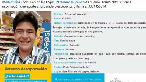 Ficha de búsqueda de Eduardo Lerma Nito en Jalisco, tras su desaparición en febrero de 2024