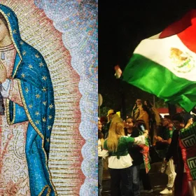Imagen de la Virgen de Guadalupe y de aficionados de la Selección Nacional.