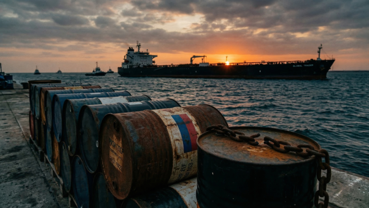 Barriles de petróleo en un muelle, uno con los colores de la bandera rusa y una cadena encima, mientras un petrolero navega al atardecer en el mar.