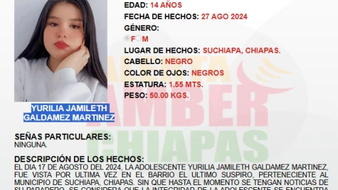 ALERTA AMBER CHIAPAS: Yurilia Jamileth fue vista por última vez en Suchiapa