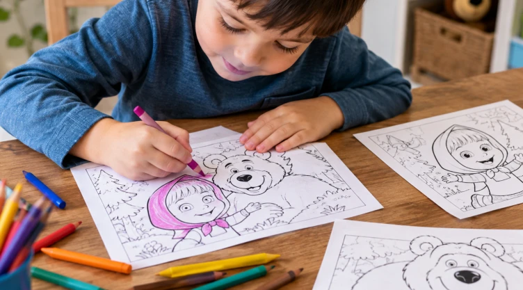 4 plantillas de Masha y el Oso para imprimir y colorear