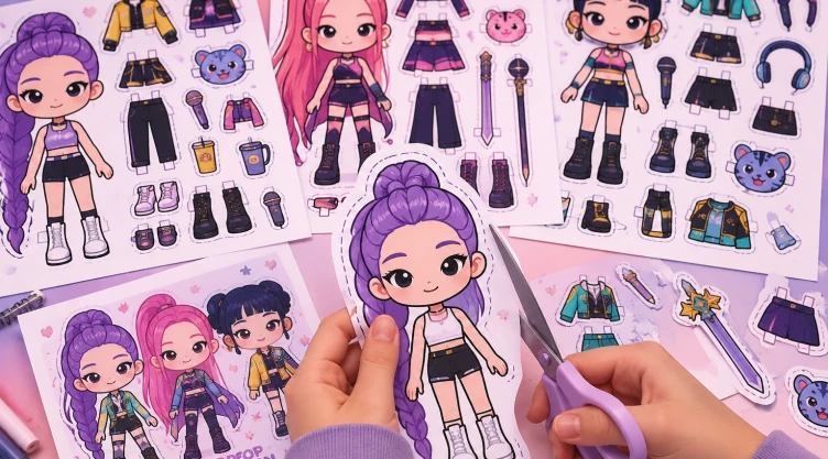 4 plantillas de Kpop Demon Hunters estilo Toca Boca con accesorios para imprimir y recortar