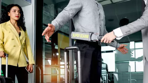 Unos pasajeros a punto de abordar a un avión realizan las medidas de control correspondientes