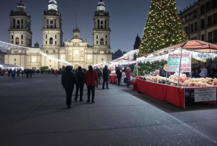 La catedral de la CDMX, en la plancha del Zócalo, donde los ciudadanos caminan protegidos por las fuertes heladas de Navidad.