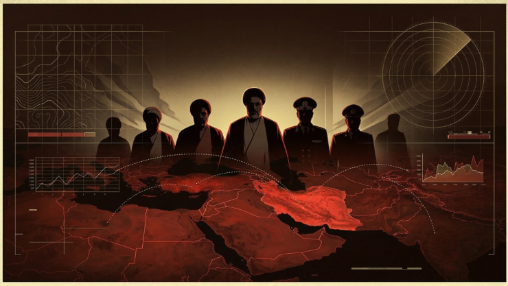 Ilustración editorial de geopolítica internacional: un cartel de recompensa estilo inteligencia internacional, siluetas de altos funcionarios iraníes en segundo plano, mapa oscuro de Medio Oriente detrás, líneas de inteligencia y gráficos digitales estilo análisis militar, tonos negro, rojo y amarillo, ambiente tenso y cinematográfico, iluminación dramática, estilo periodismo internacional