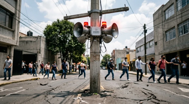 Altavoces de SASMEX sonando mientras la gente sale por el segundo simulacro nacional.