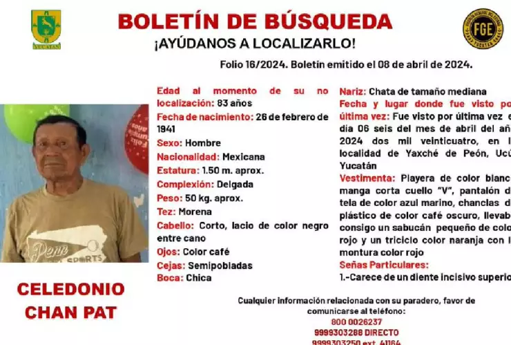 Boletín de búsqueda en Yucatán_ Buscan a adulto mayor de 83 años de edad
