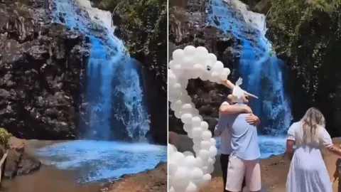 Pareja tiñe agua de una cascada para revelar el sexo de su bebé