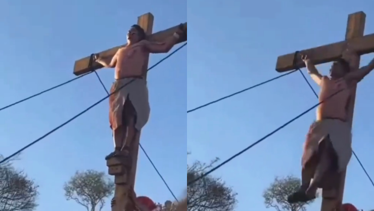 actor se cae de la cruz durante la Pasión de Cristo en Jalisco