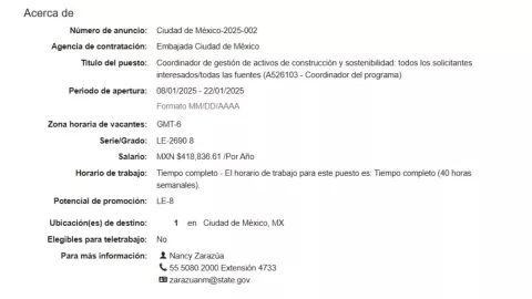 Embajada de EU lanza oferta de trabajo: ofrece casi 35 mil pesos al mes