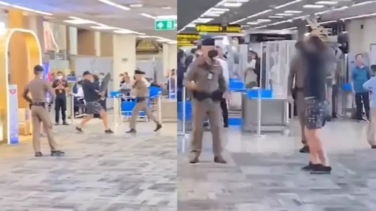 ¡Totalmente enfurecido! Turista ataca a policía con patineta en el Aeropuerto de Bangkok