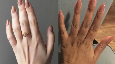 Uñas color corte almendra color caramelo claro