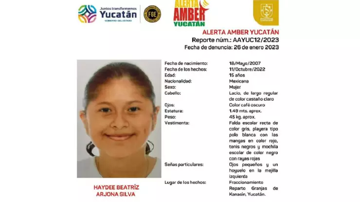Activan Alerta Amber en Yucatán por desaparición de una menor
