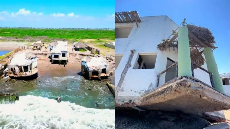 Casas arrastradas por el mar en Altata, Sinaloa