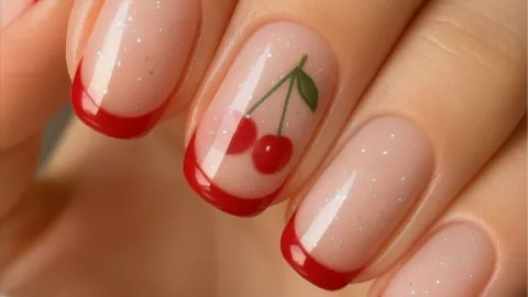 diseños de uñas con mini french y cerezas
