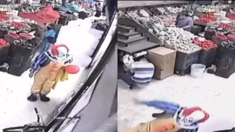 VIDEO | ¿Se llevó a Georgie? Captan a Pennywise tapatío resbalando en pleno mercado