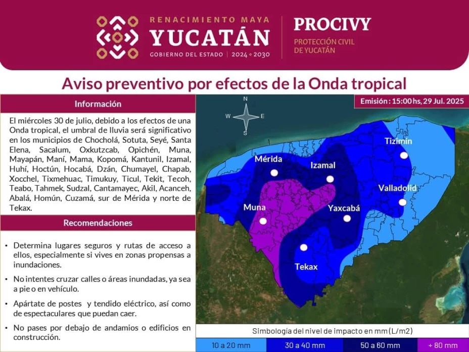 Onda Tropical mantiene en ALERTA a Yucatán; estos municipios serán afectados por fuertes lluvias