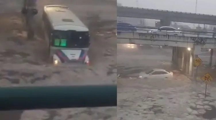 En Toluca, el bajo puente de Pilares con Paseo Tollocan se inundó tras la lluvia con granizo de este lunes.