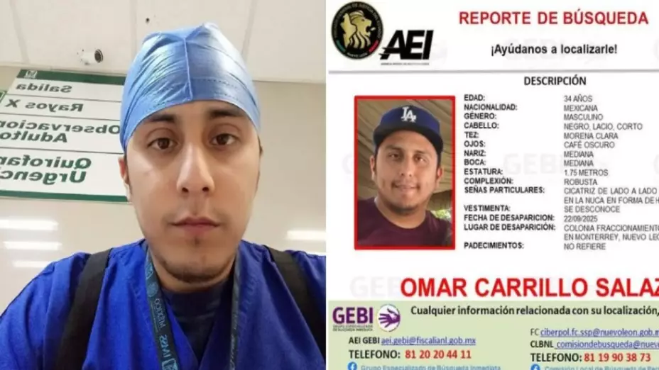 Localizan con vida a camillero del IMSS desaparecido en Monterrey. En la imagen se observa a Omar Carrillo Salazar vestido como enfermero y a un costado su ficha de búsqueda.