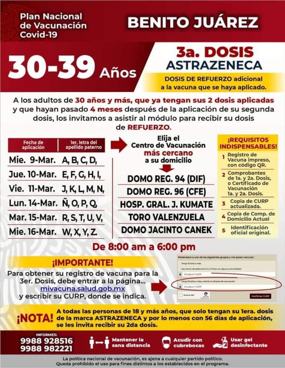 Aplicación de dosis de refuerzo para treintañeros en Cancún