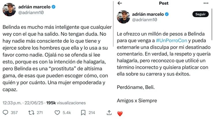 Adrián Marcelo se disculpó con Belinda por llamarla “prostituta”