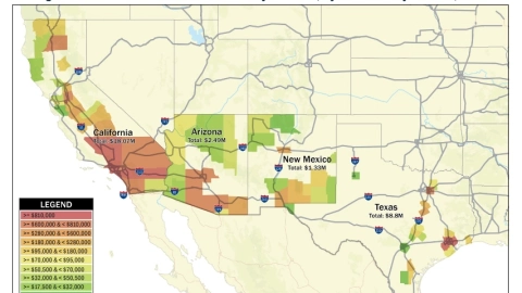 Incautaciones masivas de dinero en efectivo en la frontera suroeste, por estado/condado/cantidad, 2024
