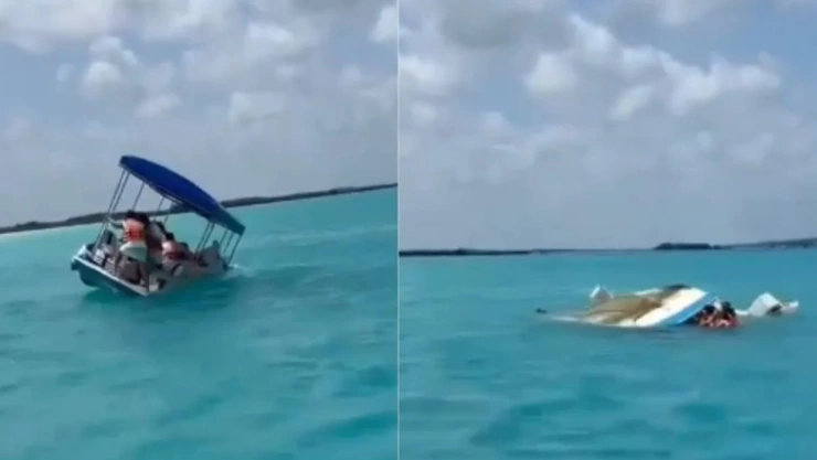 Captan momento exacto del hundimiento de una lancha con turistas en Tulum