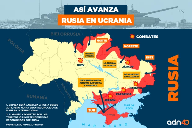 Mapa del avance de Rusia en Ucrania