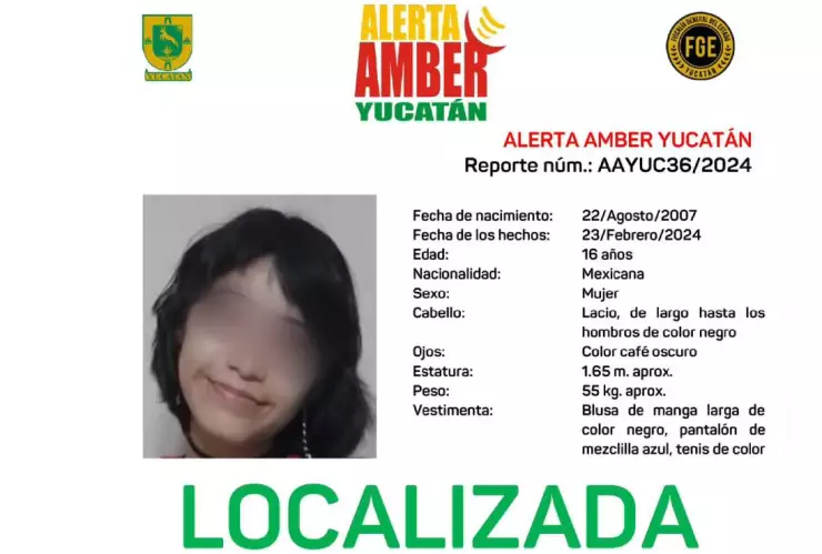 Alerta Amber_ Localizan a menor de 16 años tras reporte de desaparición en Yucatán