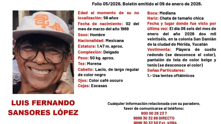 Reportan DESAPARICIÓN de hombre de 56 años de edad en Mérida; piden ayuda para LOCALIZARLO