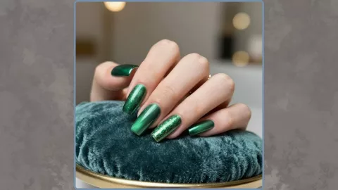 Uñas verde esmeralda con efecto brillante