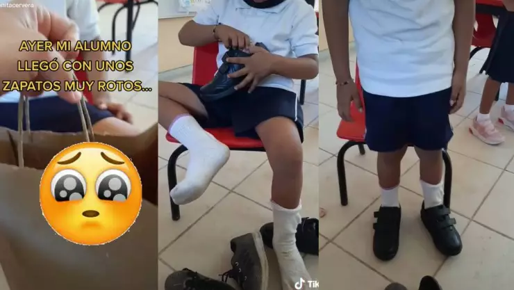Le regala zapatos a estudiante