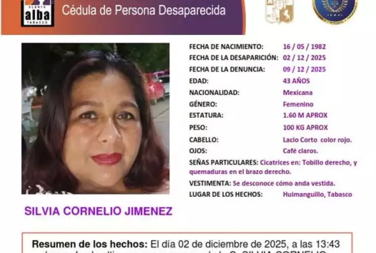 Silvia Cornelio desaparecida Tabasco
