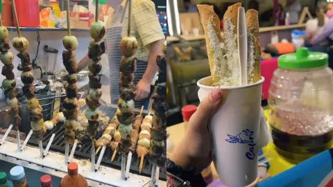 Opciones de alimentos para comer en la Feria Ganadera de Culiacán; brochetas de carne y cebolla (izquierda) y flautas en vaso (derecha)