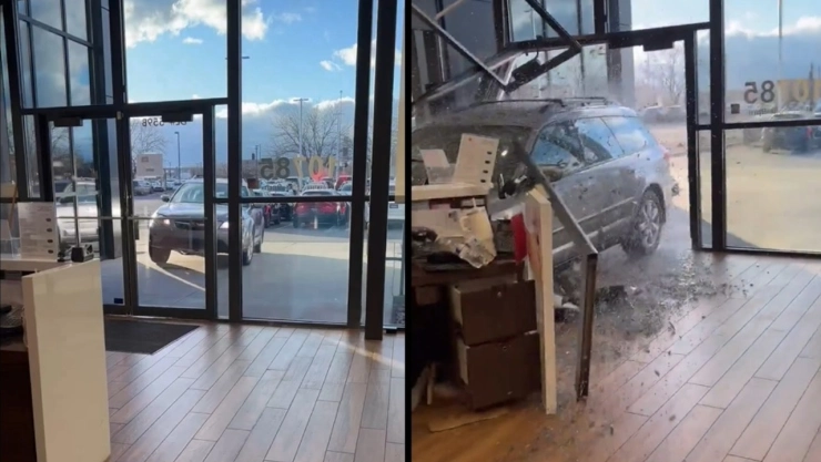 Así quedó la concesionaria tras el choque del auto.
