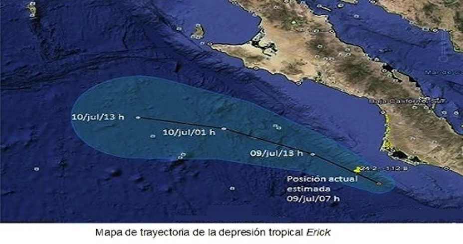 La tormenta tropical ‘Erick’ se localizará aproximadamente 150 kilómetros al sur de Cabo San Lucas, Baja California Sur, con vientos de 85 kilómetros por hora
