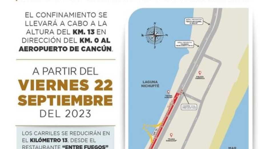 Cierre de carril en el Boulevard Kukulcán en Cancún