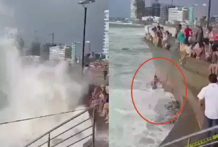 VIDEO_ Mujer ignora advertencia por tormenta tropical Norma y cae al mar en Mazatlán