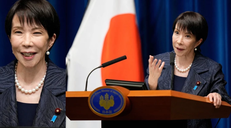 La primera ministra de japón, sanae takaichi, de pie frente al edificio de la dieta (parlamento) en Tokio. su expresión es firme, simbolizando los retos de la crisis económica, la deuda pública y la división política que debe gestiona
