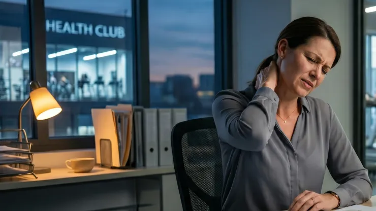 Retrato hiperrealista de una mujer de unos 35 años sentada en un escritorio desordenado. Se toca el cuello con gesto de dolor; de fondo, a través de una ventana, se ve un gimnasio iluminado de noche, creando un contraste entre su realidad sedentaria y la meta inalcanzable.