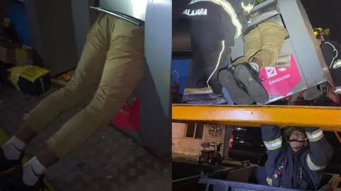 Bomberos rescatan a hombre atrapado en bote de reciclaje en Guadalajara