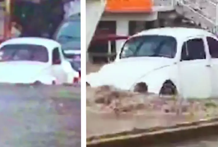 “Vocho” logra cruzar inundación tras intensas lluvias: Video
