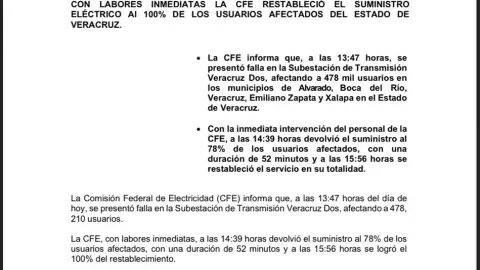 El comunicado oficial de la CFE por el apagón en Veracruz