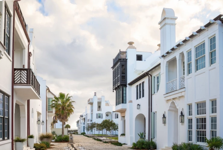 Visa de casas y un camino con palmeras de Alys Beach