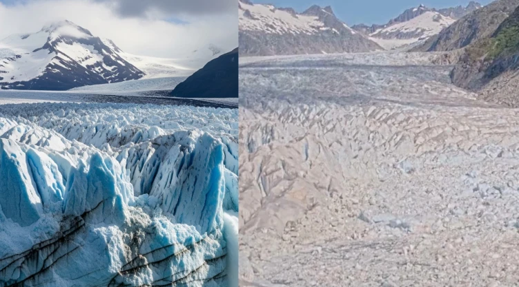 Vista aérea del río Mendenhall en Juneau, Alaska, desbordado y de color marrón por los sedimentos. El agua de la inundación glacial se acerca peligrosamente a las casas aledañas, mostrando el impacto del cambio climático.