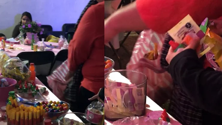 Señora arrasa con mesa de dulces.